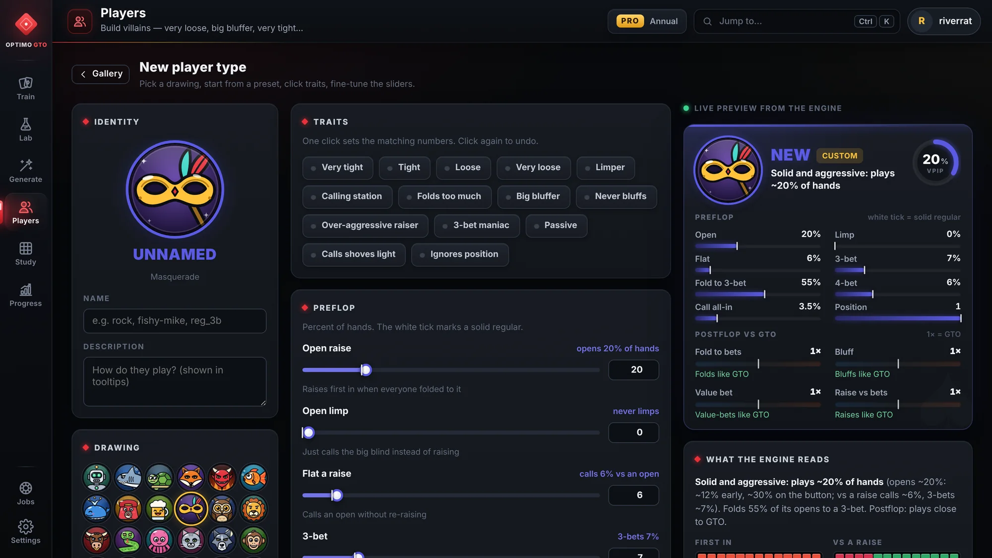 Building a custom player type: open, 3-bet, fold to 3-bet, bluff and call-down sliders