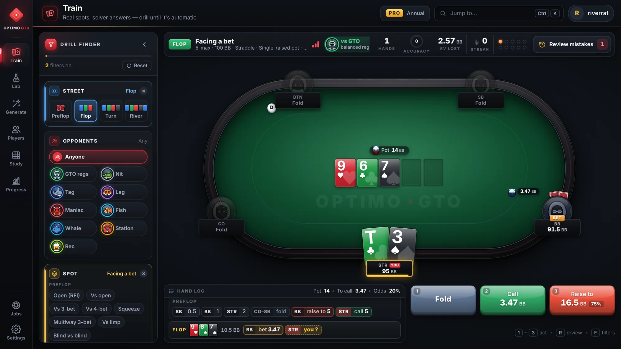 Training a flop spot: facing a bet with fold, call or raise
